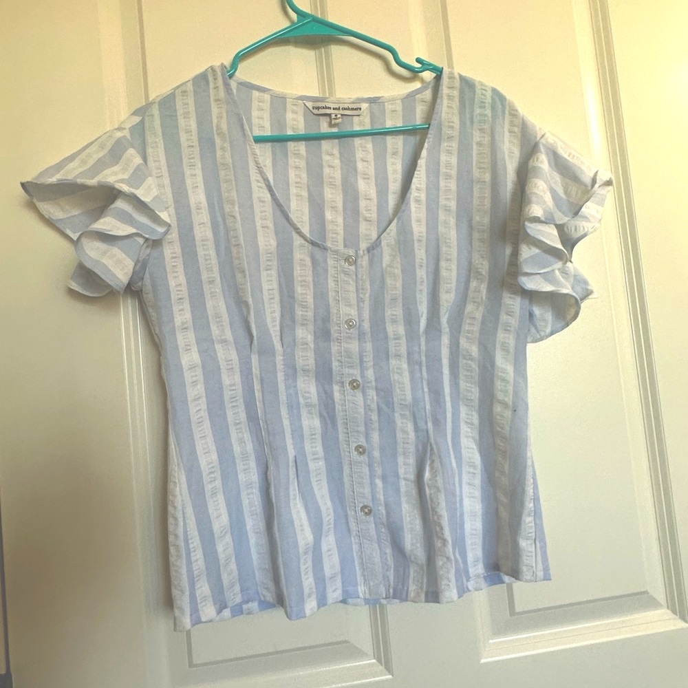 “cupcakes and cashmere” Striped Flutter Blouse - light blue